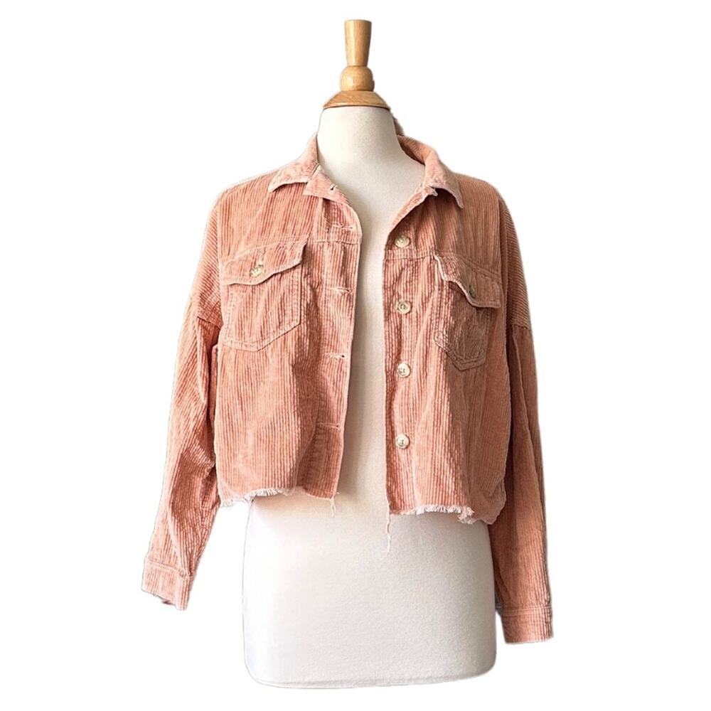 American Eagle Lightweight Nude Pink Corduroy Distressed Raw Hem Cropped Jacket